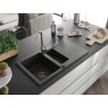 Mexen Matias Granitspüle 1,5-fach mit Abtropffläche und Küchenarmatur Telma, schwarz/gold - 6502-75-670200-50-B