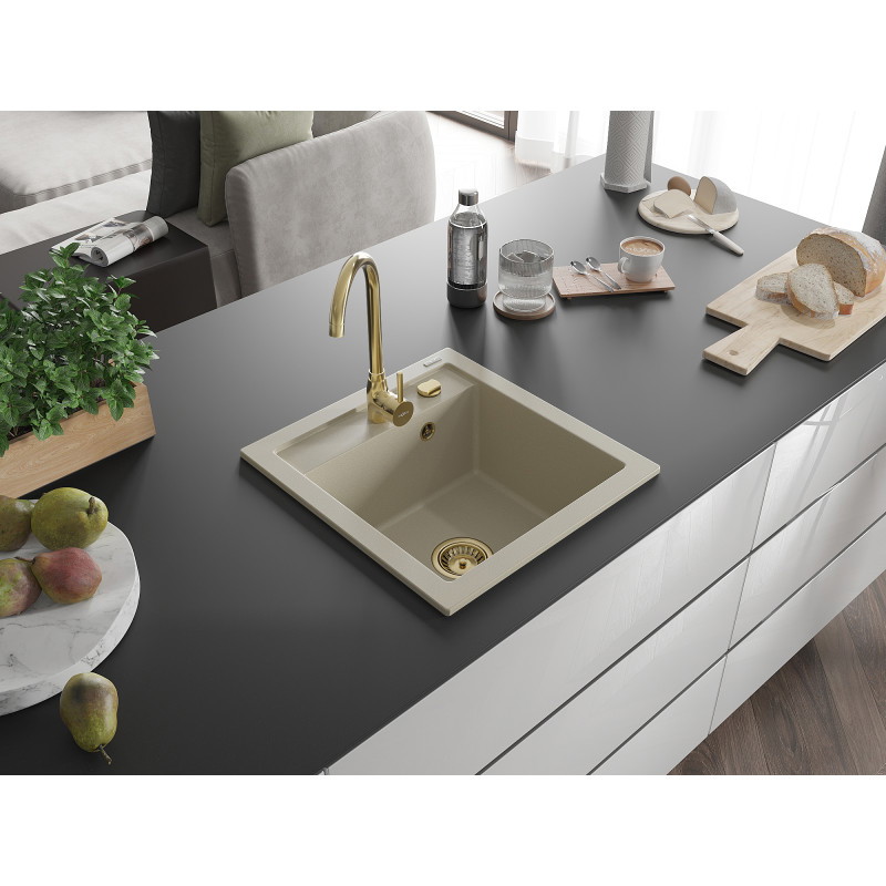 Mexen Vito Granitspüle 1-beckig mit Küchenarmatur Telma, Beige - 6503-69-670200-50