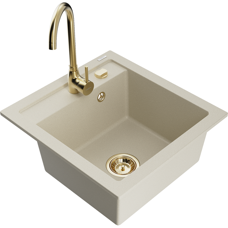 Mexen Vito Granitspüle 1-beckig mit Küchenarmatur Telma, Beige - 6503-69-670200-50