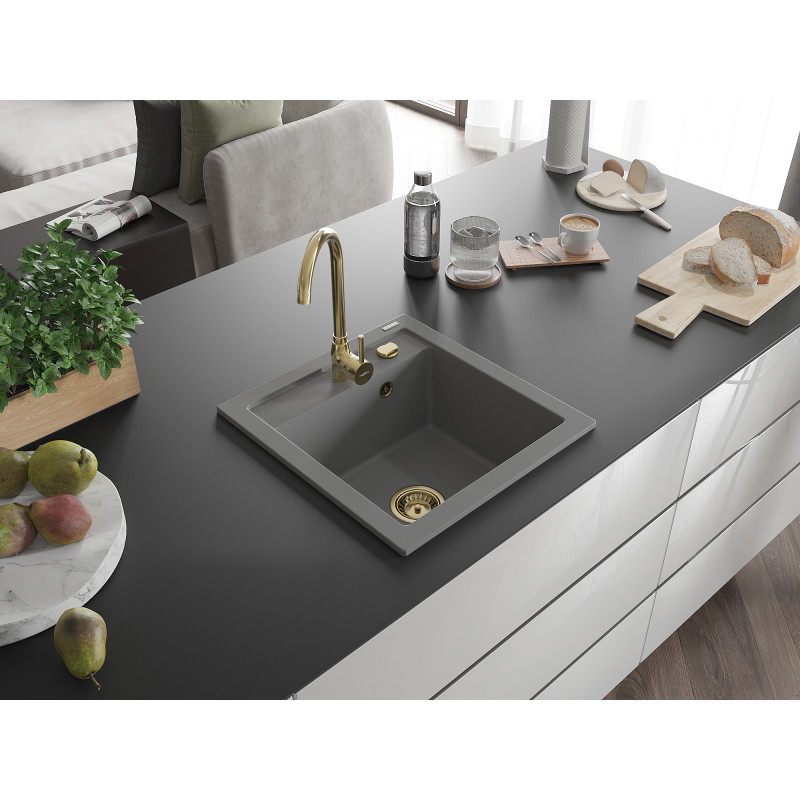 Mexen Vito Granitspüle 1-Becken mit Küchenarmatur Telma, grau - 6503-71-670200-50