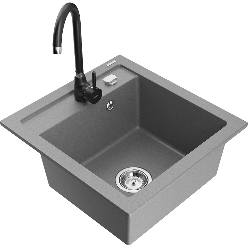Mexen Vito Granitspüle 1-Becken mit Küchenarmatur Telma, Grau - 6503-71-670200-70