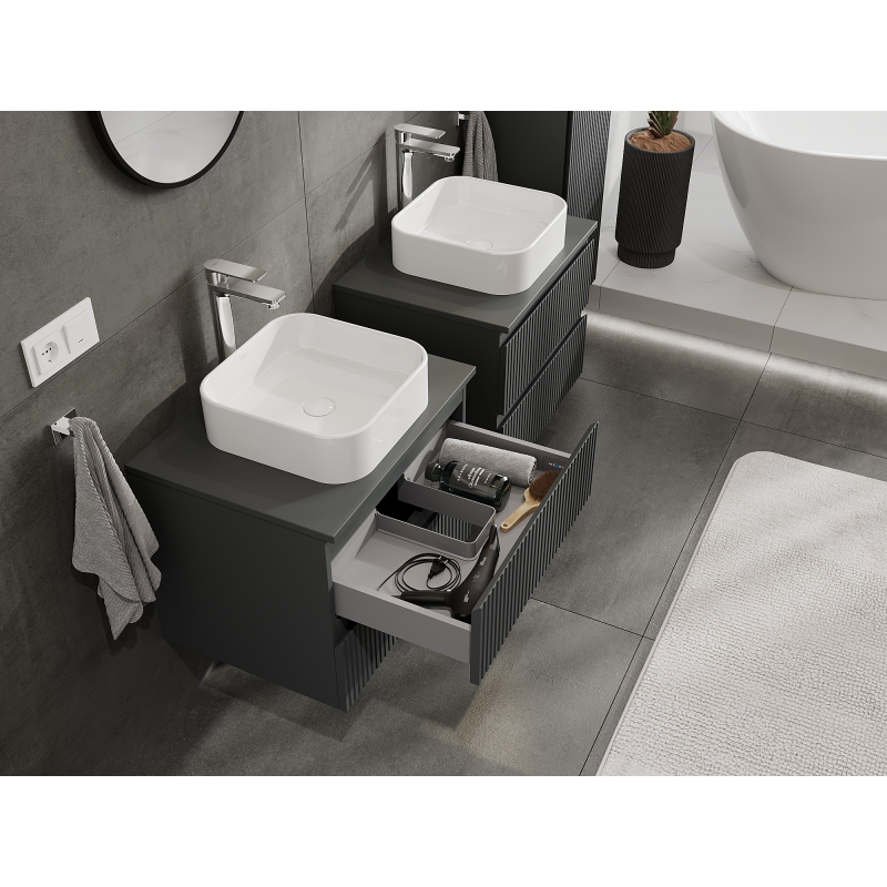 Mexen Rivel Badezimmerschrank für Waschbecken 60 cm, 2 Schubladen, geriffelt, Grafit matt - 91A20-06047-2-BFF66