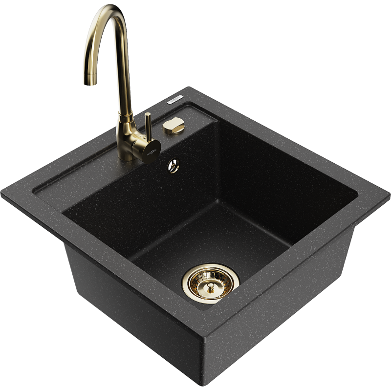 Mexen Vito Granitspüle 1-beckig mit Küchenarmatur Telma, schwarz/silber metallic - 6503-73-670200-50