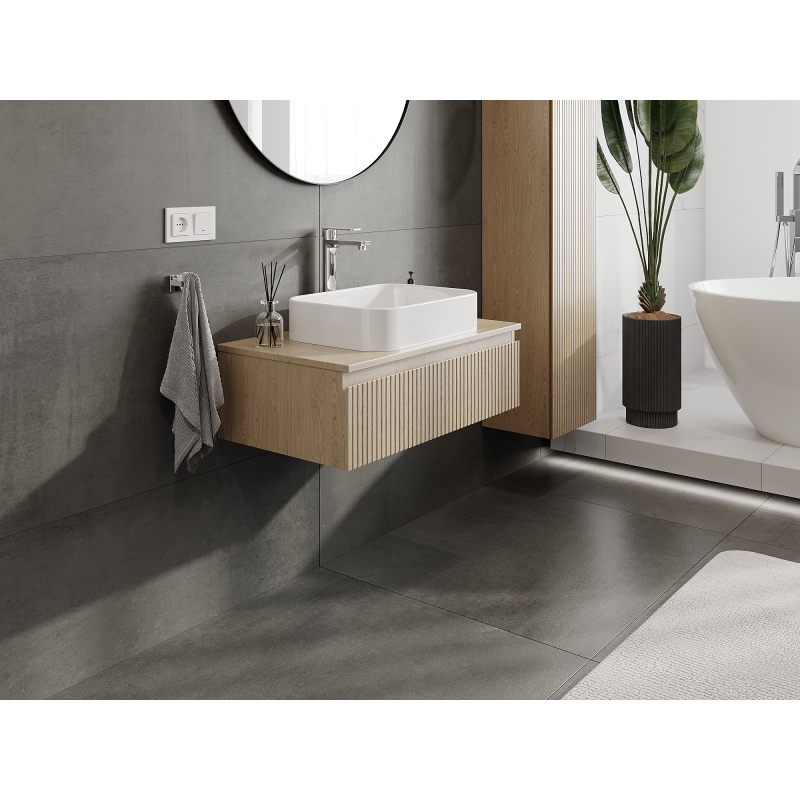Mexen Rivel Badezimmerschrank unter Waschbecken 80 cm, 1 Schublade, geriffelt, Eiche - 91A20-08023-1-BF81