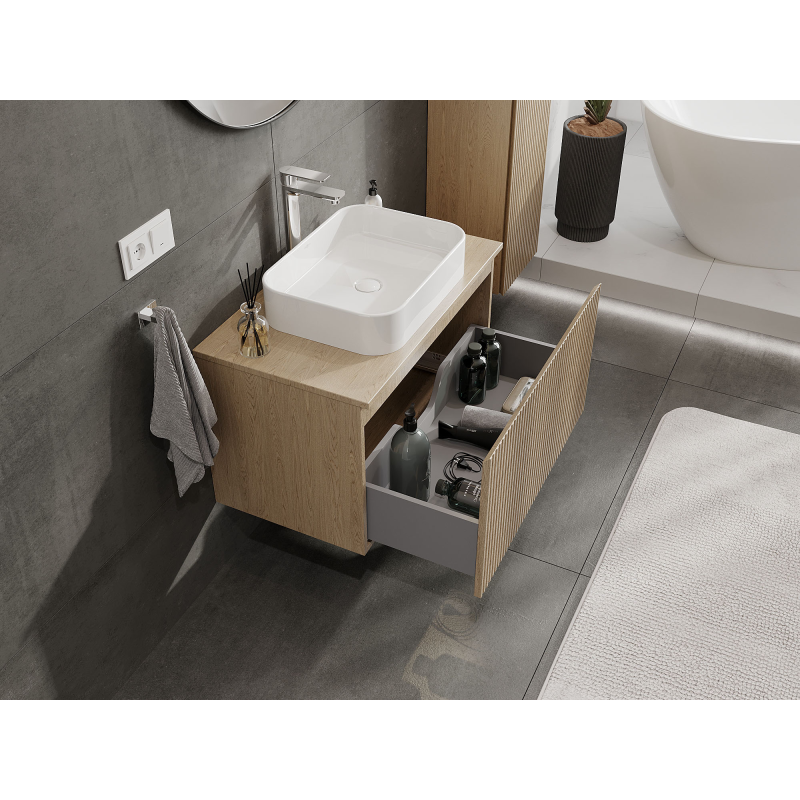 Mexen Rivel Badezimmerschrank unter Waschbecken 80 cm, 1 Schublade, gerillt, Eiche - 91A20-08047-1-BF81