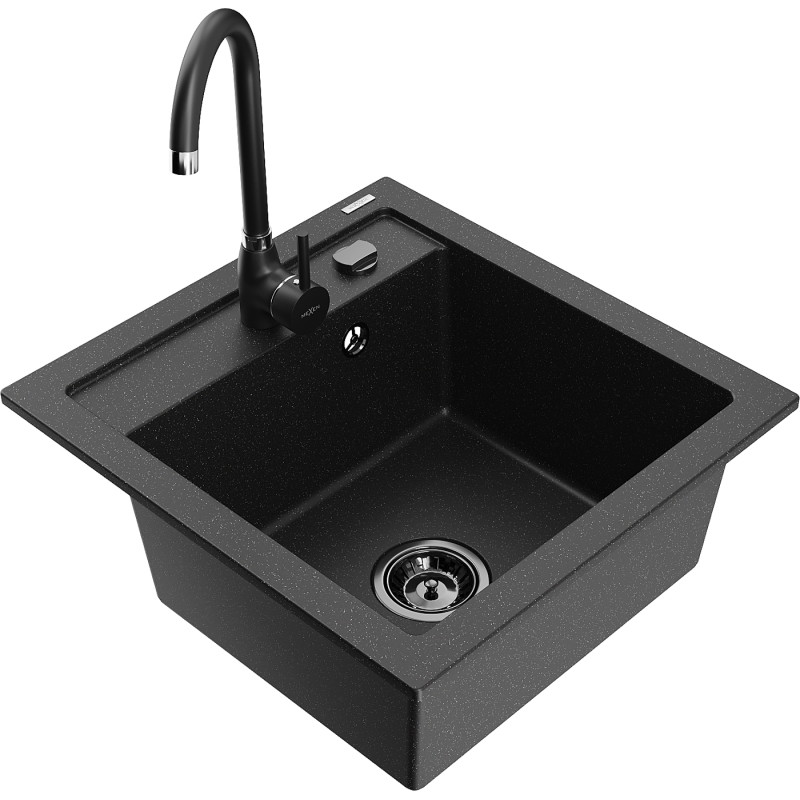 Mexen Vito Einbauspüle aus Granit, 1-Becken mit Küchenarmatur Telma, schwarz/silber-metallik - 6503-73-670200-70-B