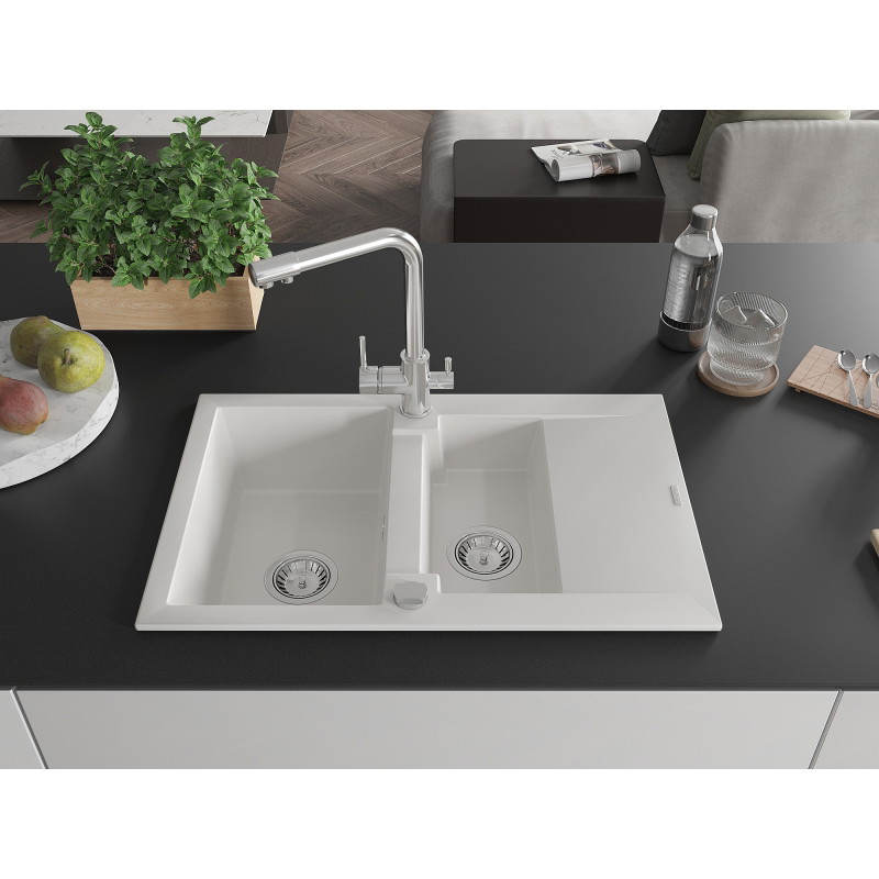 Mexen Gaspar Granitspüle 1,5-becken mit Abtropffläche und Küchenarmatur Duero, weiß - 6507-20-671600-00