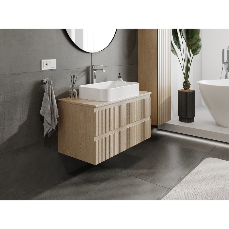 Mexen Rivel Badezimmerschrank 90 cm, 2 Schubladen, gerillt, Eiche - 91A20-09047-2-BFF81