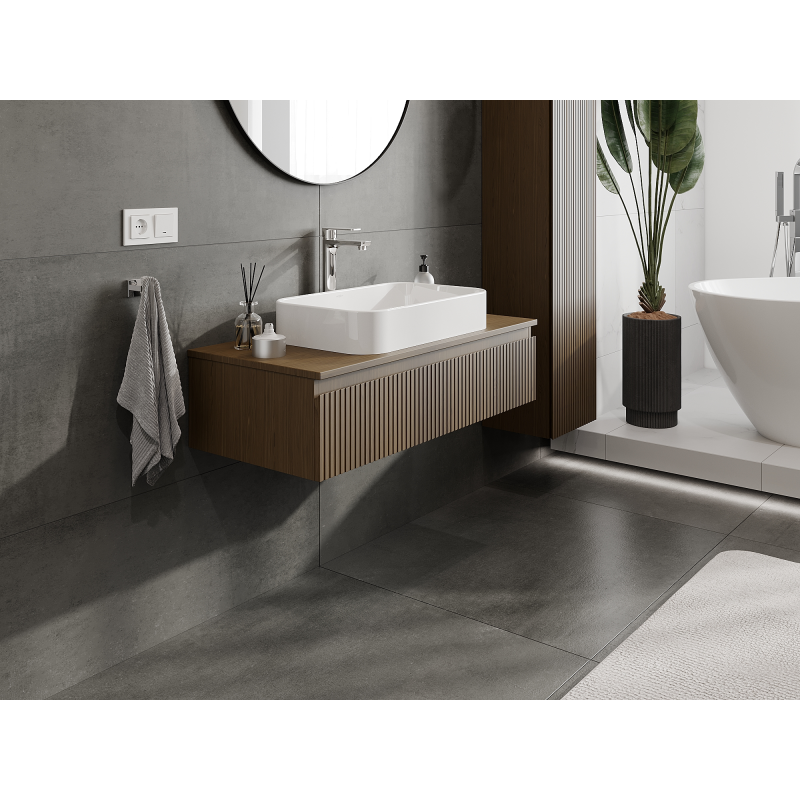 Mexen Rivel Badezimmerschrank für Waschbecken 100 cm, 1 Schublade, geriffelt, Nussbaum - 91A20-10023-1-BF86