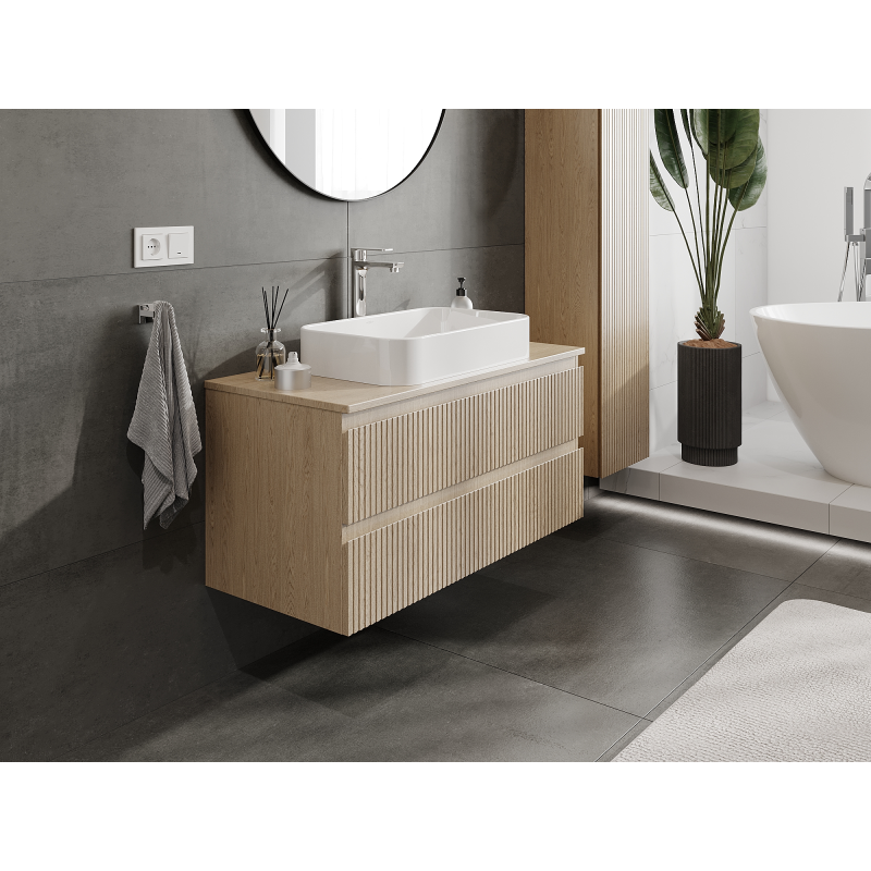 Mexen Rivel Badezimmer-Unterschrank 100 cm, 2 Schubladen, gerillt, Eiche - 91A20-10047-2-BFF81