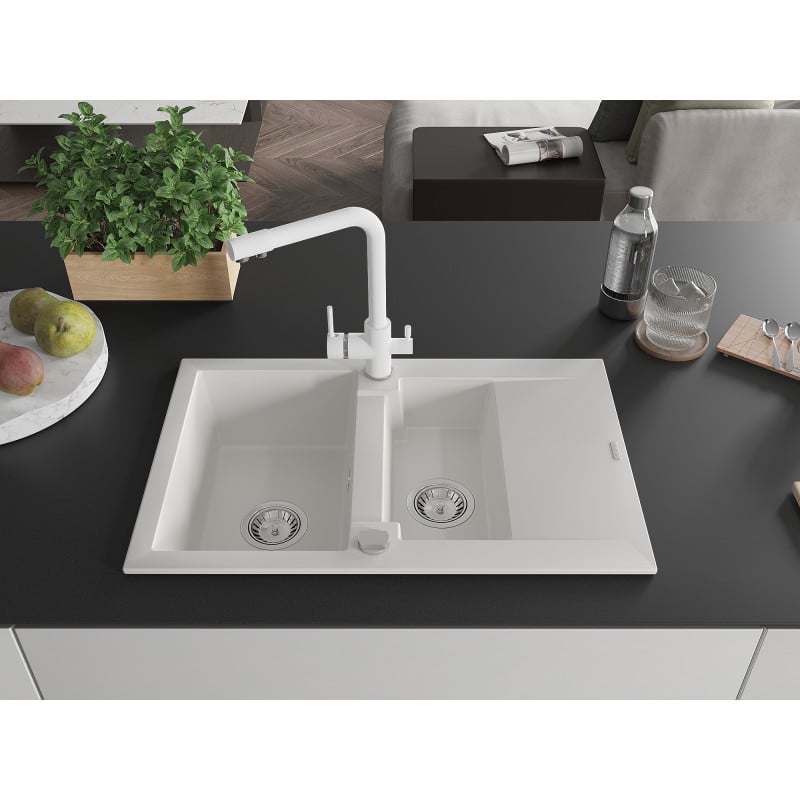 Mexen Gaspar Granitspüle 1,5-Becken mit Abtropffläche und Küchenarmatur Duero, weiß - 6507-20-671600-20