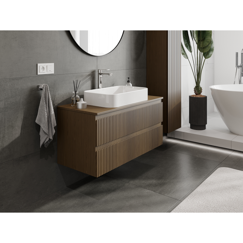 Mexen Rivel Badezimmer-Waschtischschrank 100 cm, 2 Schubladen, geriffelt, Nussbaum - 91A20-10047-2-BFF86