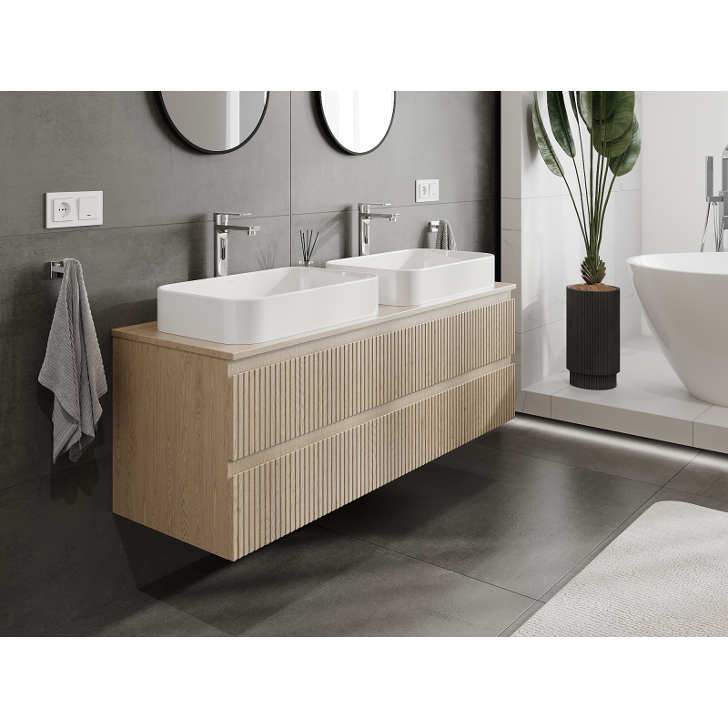 Mexen Rivel Badezimmerschrank unter dem Waschbecken 140 cm, 2 Schubladen, geriffelt, Eiche - 91A20-14047-2-BFF81