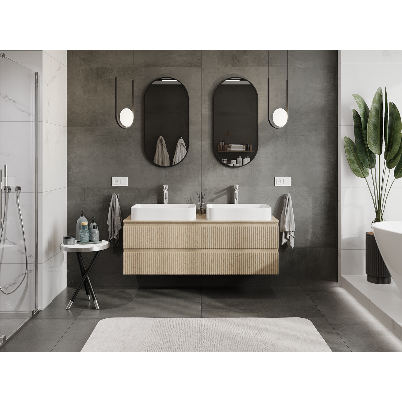 Mexen Rivel Badezimmerschrank unter dem Waschbecken 140 cm, 2 Schubladen, geriffelt, Eiche - 91A20-14047-2-BFF81