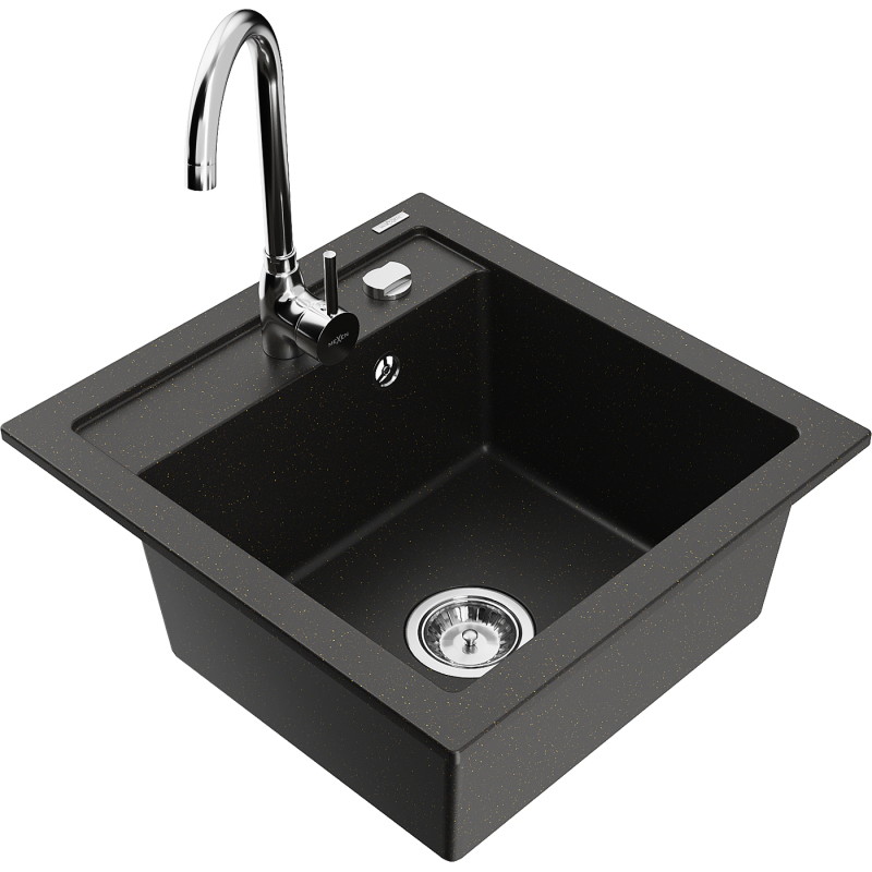 Mexen Vito granitspüle 1-becken mit küchenarmatur Telma, schwarz/gold metallic - 6503-75-670200-00