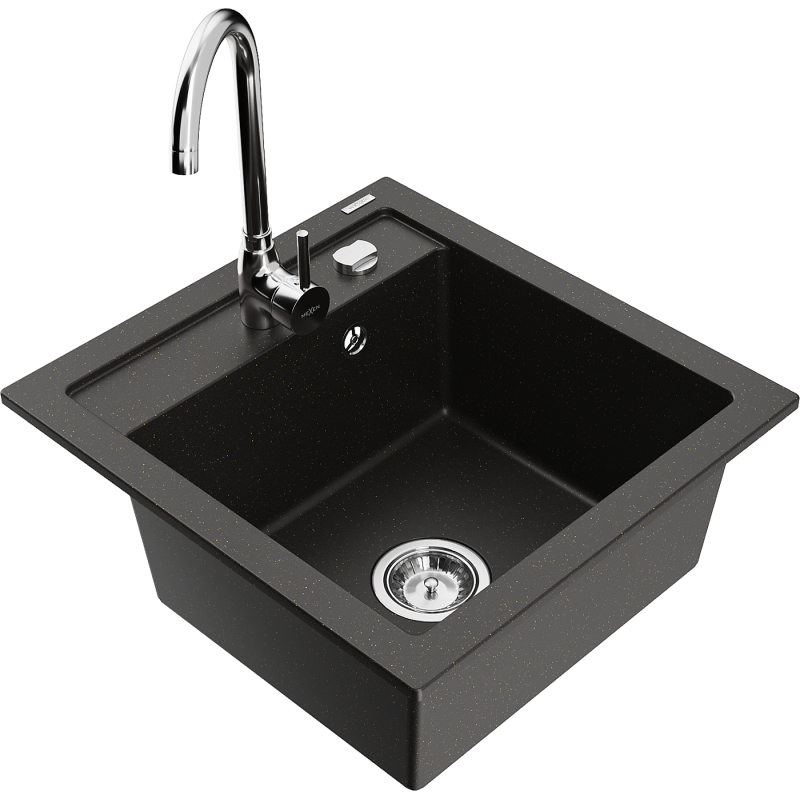 Mexen Vito Granitspüle 1-Becken mit Telma Küchenarmatur, schwarz/gold metallic - 6503-75-670200-00