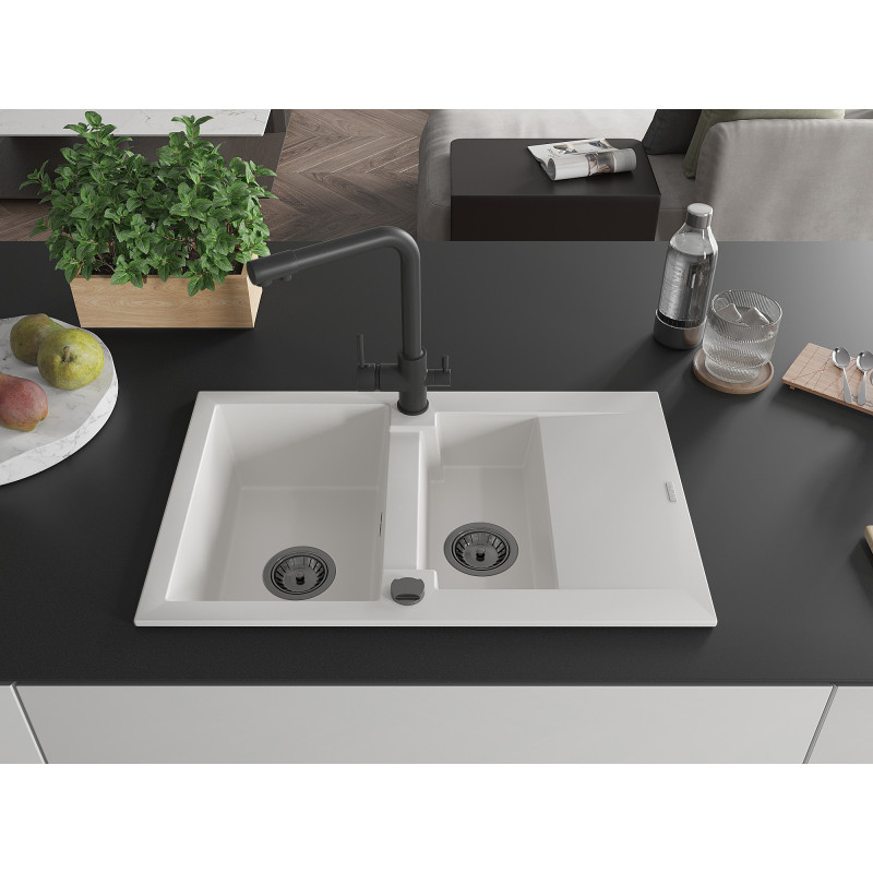 Mexen Gaspar Granitspüle 1,5-becken mit Abtropfbereich und Küchenarmatur Duero, weiß - 6507-20-671600-70