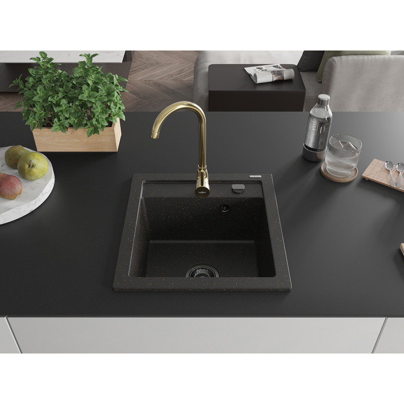 Mexen Vito Granitspüle 1-beckig mit Küchenarmatur Telma, schwarz/gold metallic - 6503-75-670200-50-B