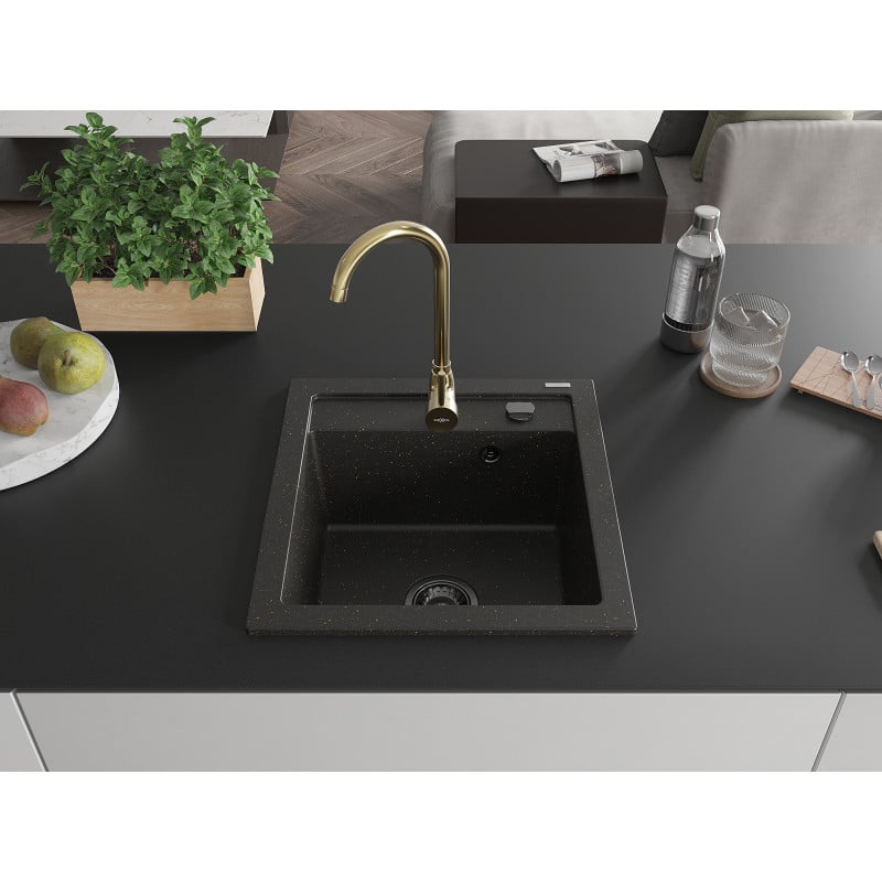 Mexen Vito Granitspüle 1-Kammer mit Küchenarmatur Telma, schwarz/gold metallic - 6503-75-670200-50-B
