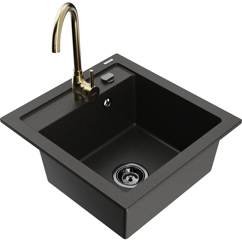 Mexen Vito Granitspüle 1-becken mit Telma Küchenarmatur, schwarz/gold metallisch - 6503-75-670200-50-B