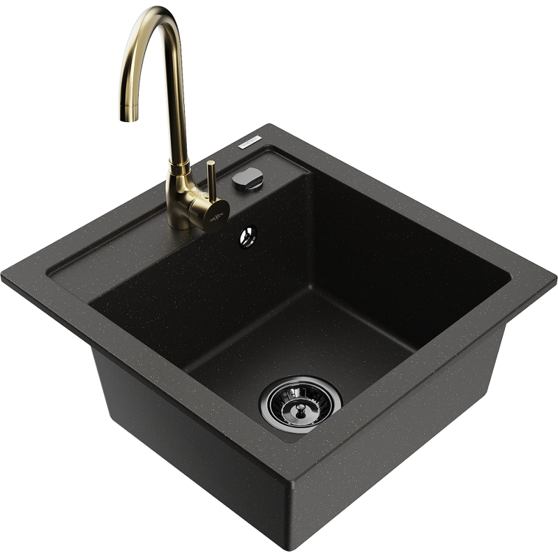 Mexen Vito Granitspüle 1-Kammer mit Küchenarmatur Telma, schwarz/gold metallic - 6503-75-670200-50-B