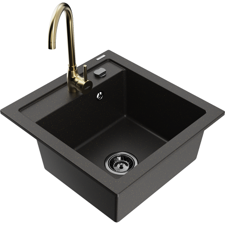 Mexen Vito Granitspüle 1-Kammer mit Küchenarmatur Telma, schwarz/gold metallic - 6503-75-670200-50-B