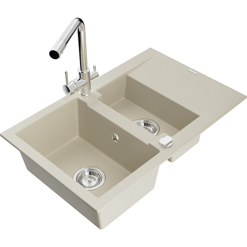 Mexen Gaspar Granitspüle 1,5-Becken mit Abtropffläche und Küchenarmatur Duero, beige - 6507-69-671600-00