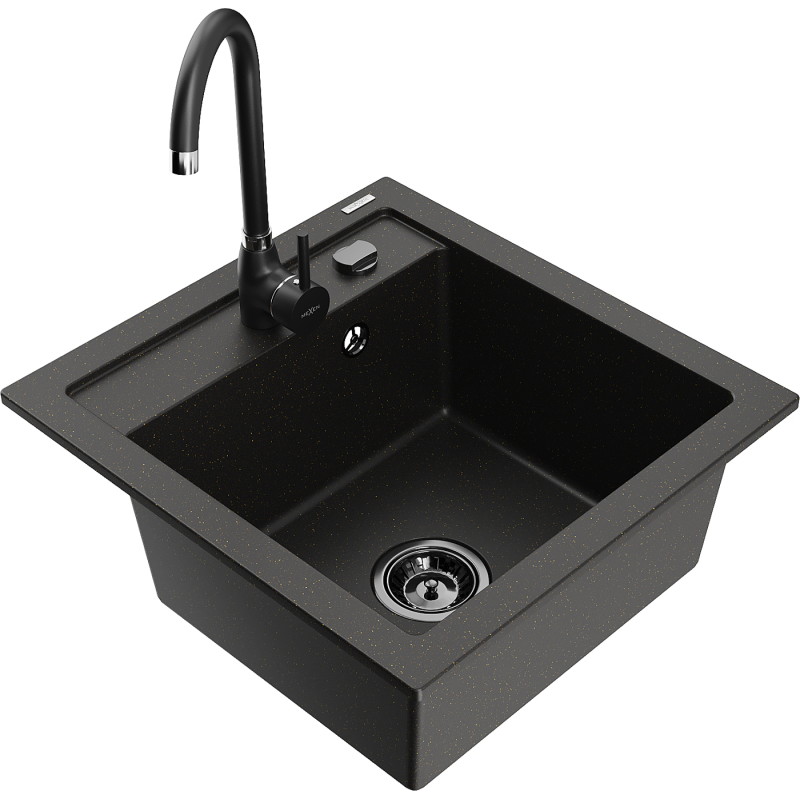 Mexen Vito Granitspüle 1-Becken mit Küchenarmatur Telma, schwarz/gold metallic - 6503-75-670200-70-B
