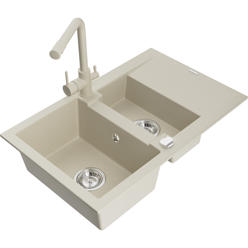 Mexen Gaspar Granit-Spüle 1,5-fach mit Abtropffläche und Küchenarmatur Duero, beige - 6507-69-671600-69