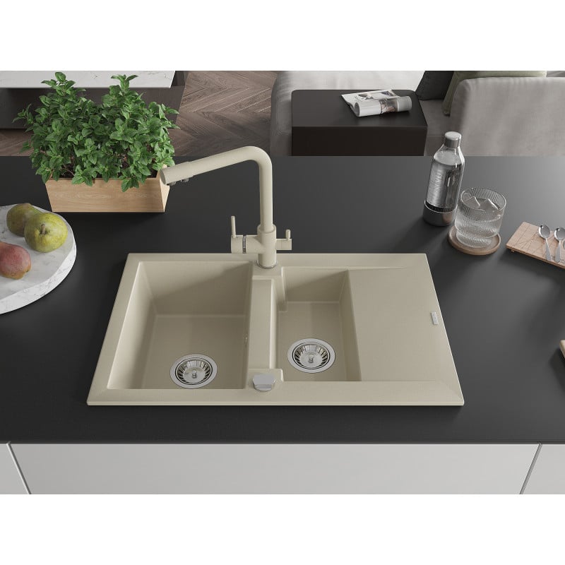 Mexen Gaspar Granit-Spüle 1,5-fach mit Abtropffläche und Küchenarmatur Duero, beige - 6507-69-671600-69
