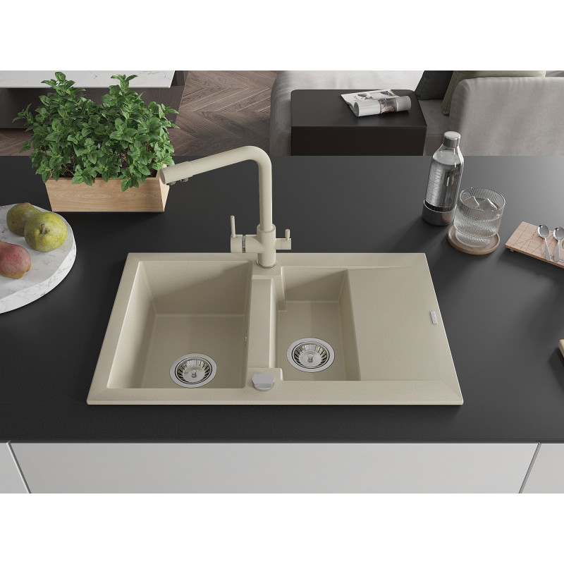 Mexen Gaspar Granitspüle 1,5-fach mit Abtropffläche und Küchenarmatur Duero, beige - 6507-69-671600-69