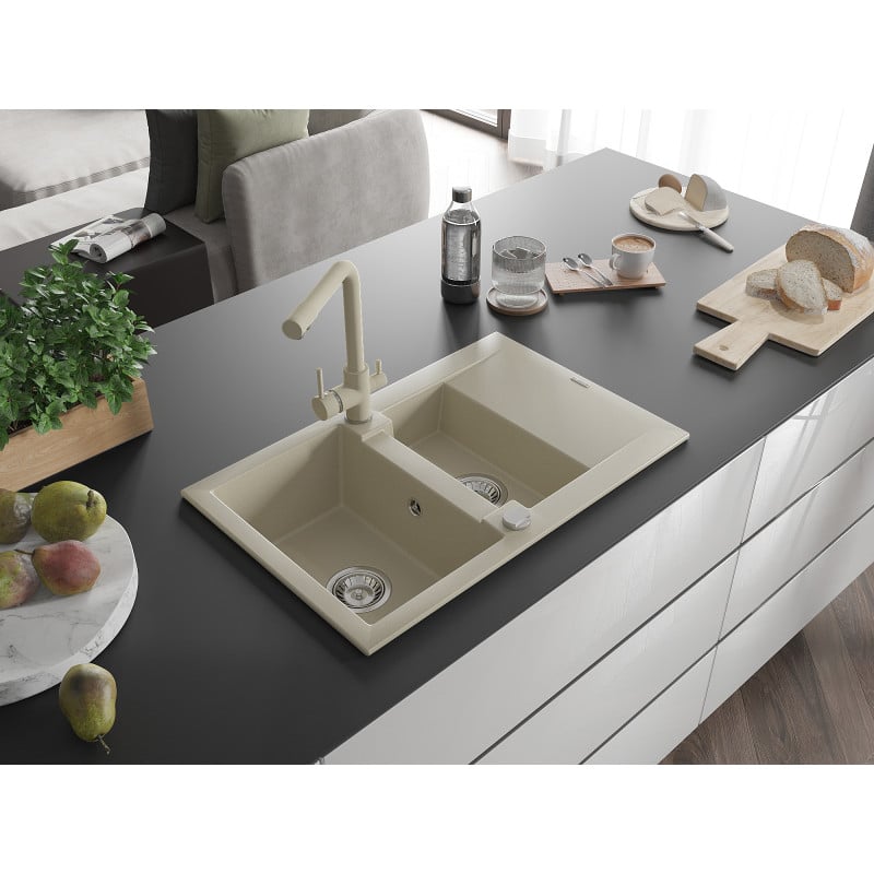 Mexen Gaspar Granit-Spüle 1,5-fach mit Abtropffläche und Küchenarmatur Duero, beige - 6507-69-671600-69