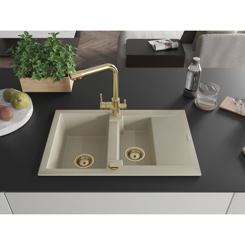 Mexen Gaspar Granitspüle 1,5-Becken mit Abtropffläche und Küchenarmatur Duero, beige - 6507-69-671600-50