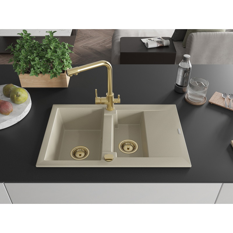 Mexen Gaspar Granitspüle 1,5-beckig mit Abtropffläche und Küchenarmatur Duero, beige - 6507-69-671600-50