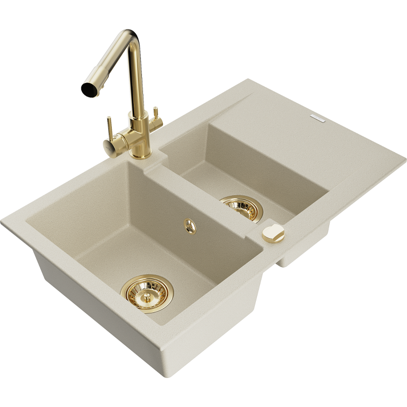 Mexen Gaspar Granitspüle 1,5-Becken mit Abtropffläche und Küchenarmatur Duero, beige - 6507-69-671600-50