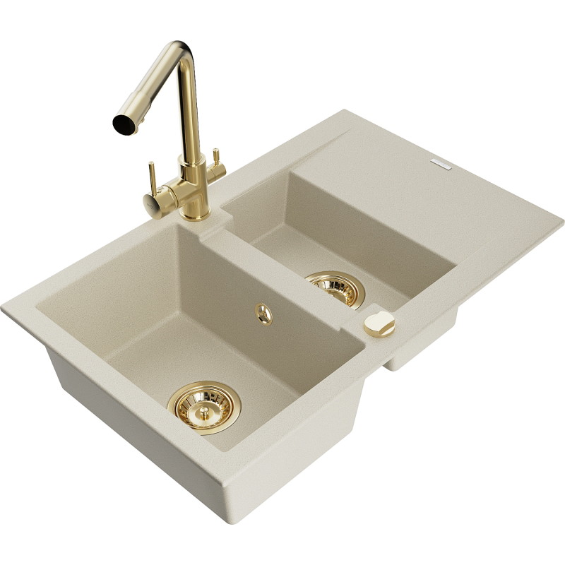 Mexen Gaspar Granitspüle 1,5-beckig mit Abtropffläche und Küchenarmatur Duero, beige - 6507-69-671600-50