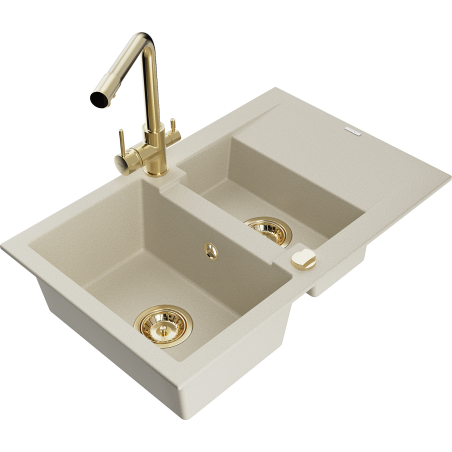 Mexen Gaspar Granitspüle 1,5-Becken mit Abtropffläche und Küchenarmatur Duero, beige - 6507-69-671600-50