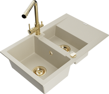 Mexen Gaspar Granitspüle 1,5-Becken mit Abtropffläche und Küchenarmatur Duero, beige - 6507-69-671600-50