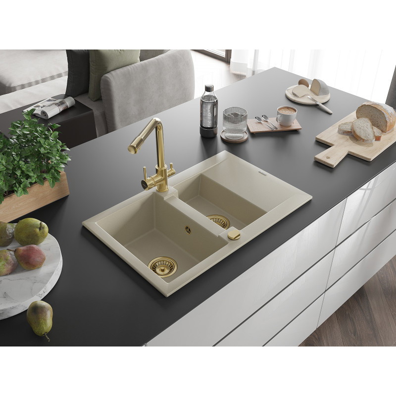 Mexen Gaspar Granitspüle 1,5-Becken mit Abtropffläche und Küchenarmatur Duero, beige - 6507-69-671600-50