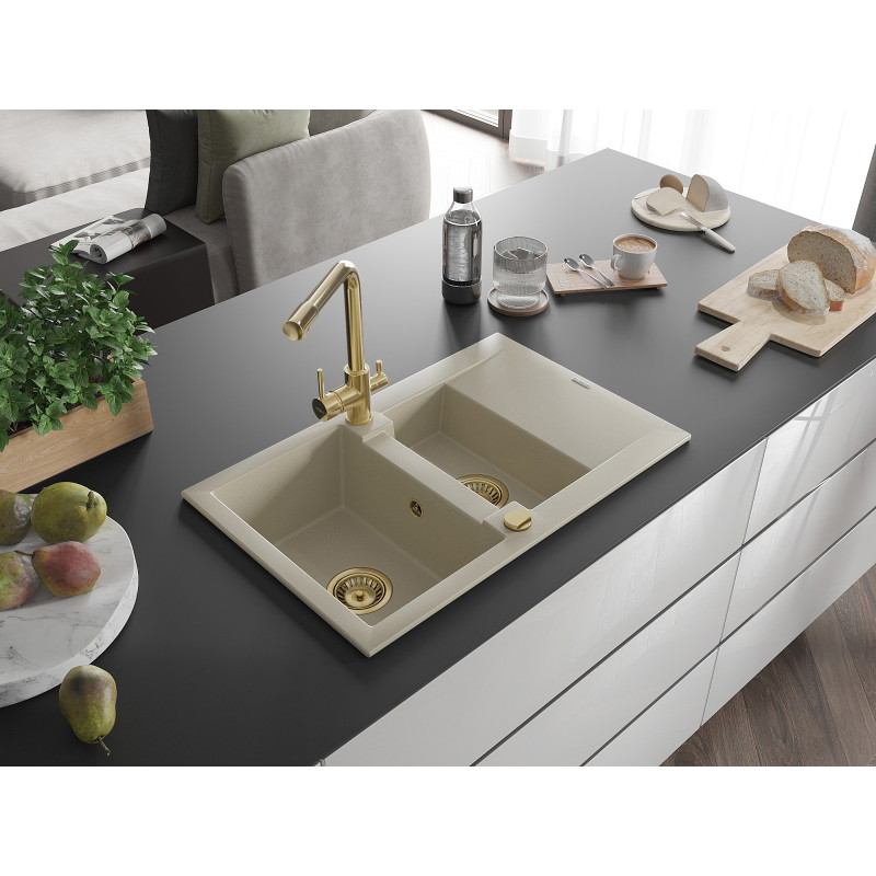 Mexen Gaspar Granitspüle 1,5-beckig mit Abtropffläche und Küchenarmatur Duero, beige - 6507-69-671600-50