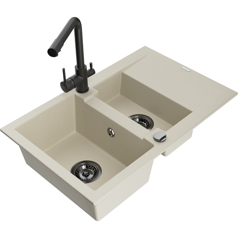 Mexen Gaspar Granitspüle 1,5-Becken mit Abtropffläche und Küchenarmatur Duero, beige - 6507-69-671600-70