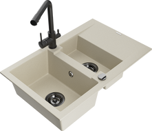 Mexen Gaspar Granitspüle 1,5-Becken mit Abtropffläche und Küchenarmatur Duero, beige - 6507-69-671600-70