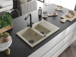 Mexen Gaspar Granitspüle 1,5-Becken mit Abtropffläche und Küchenarmatur Duero, beige - 6507-69-671600-70