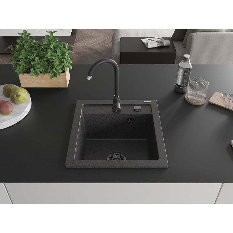 Mexen Vito Granitspüle, 1-Becken mit Küchenarmatur Telma, schwarz gesprenkelt - 6503-76-670200-70-B