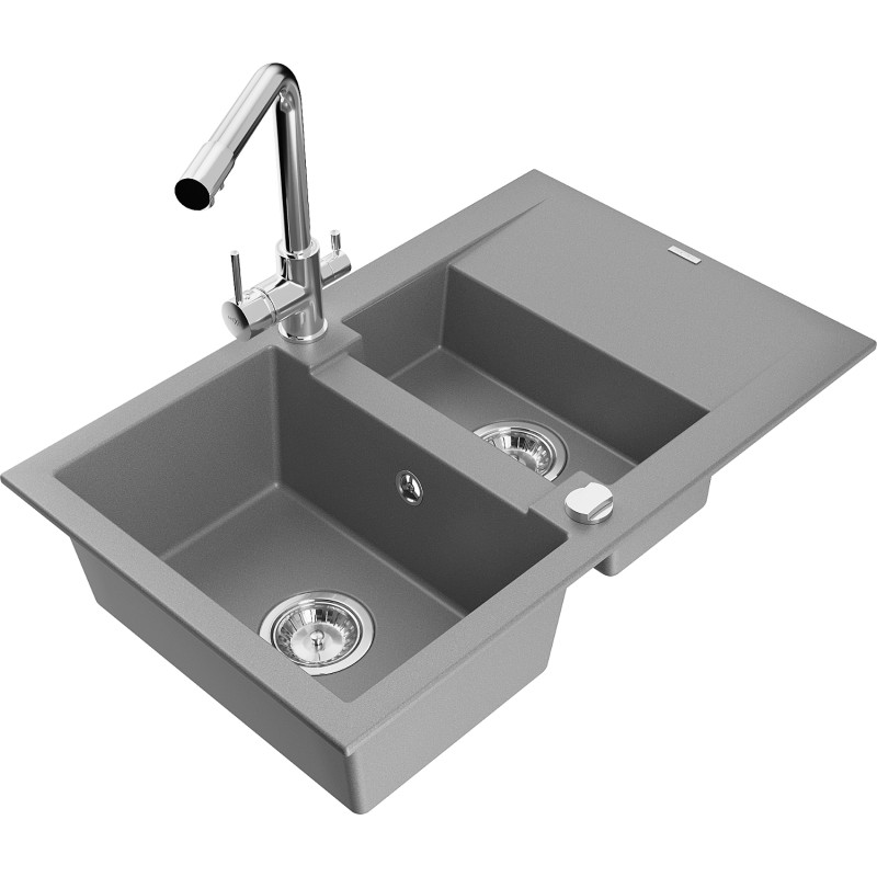 Mexen Gaspar Granitspüle 1,5-Becken mit Abtropffläche und Küchenarmatur Duero, grau - 6507-71-671600-00