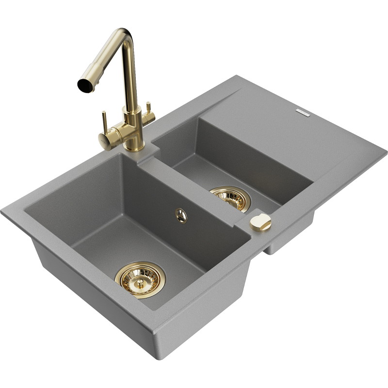 Mexen Gaspar Granitspüle 1,5-becken mit Abtropffläche und Küchenarmatur Duero, grau - 6507-71-671600-50