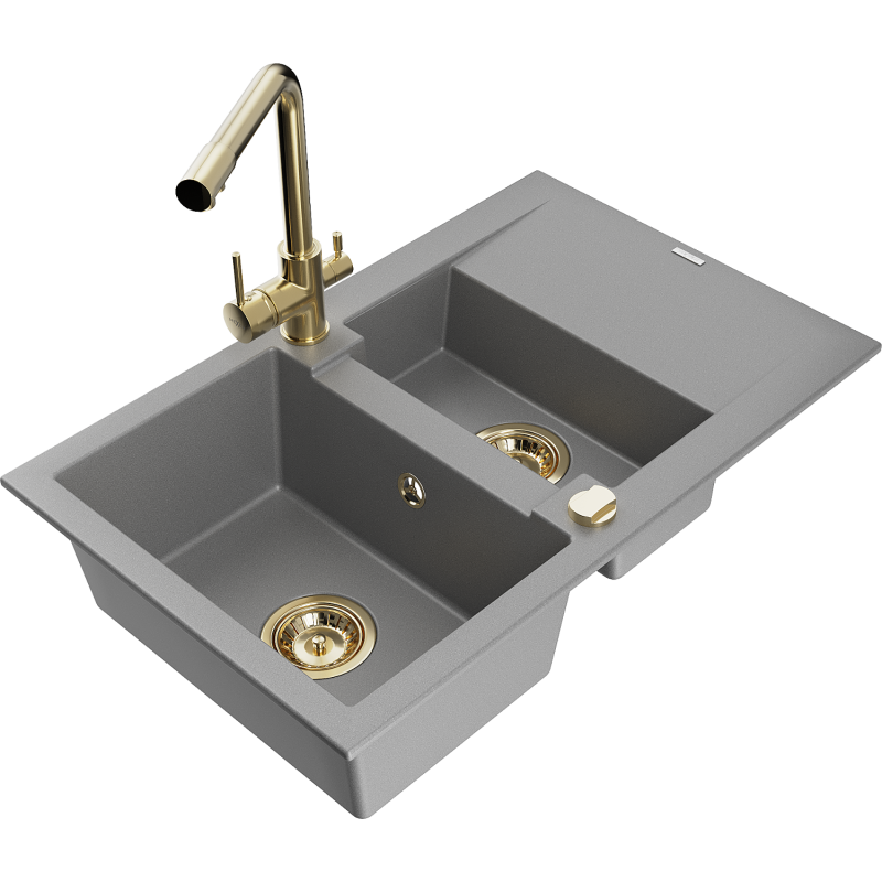 Mexen Gaspar Granitspüle 1,5-Kammer mit Abtropffläche und Küchenarmatur Duero, grau - 6507-71-671600-50