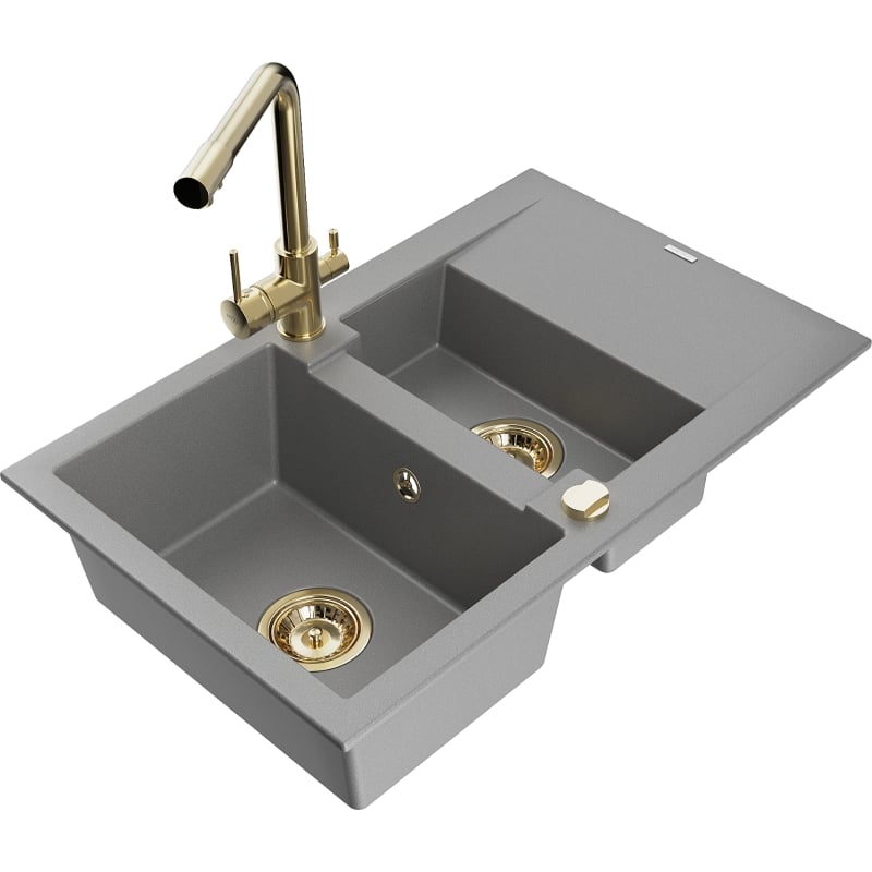 Mexen Gaspar Granitspüle 1,5-Kammern mit Abtropffläche und Küchenarmatur Duero, grau - 6507-71-671600-50