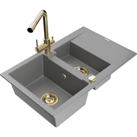 Mexen Gaspar Granitspüle 1,5-Kammer mit Abtropffläche und Küchenarmatur Duero, grau - 6507-71-671600-50
