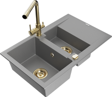 Mexen Gaspar Granitspüle 1,5-Kammer mit Abtropffläche und Küchenarmatur Duero, grau - 6507-71-671600-50